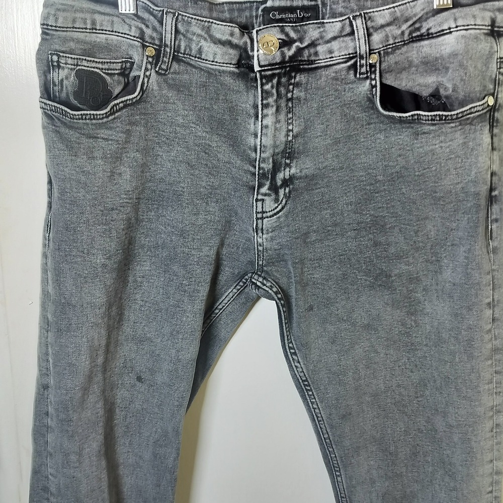 Christian Dior Mens Grey Acid Wash Slim Fit Jeans Embroidered Logo Denim 36x29